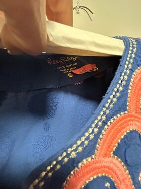 Lilly Pulitzer Blue Cotton Top with Coral and Gold Embroidery